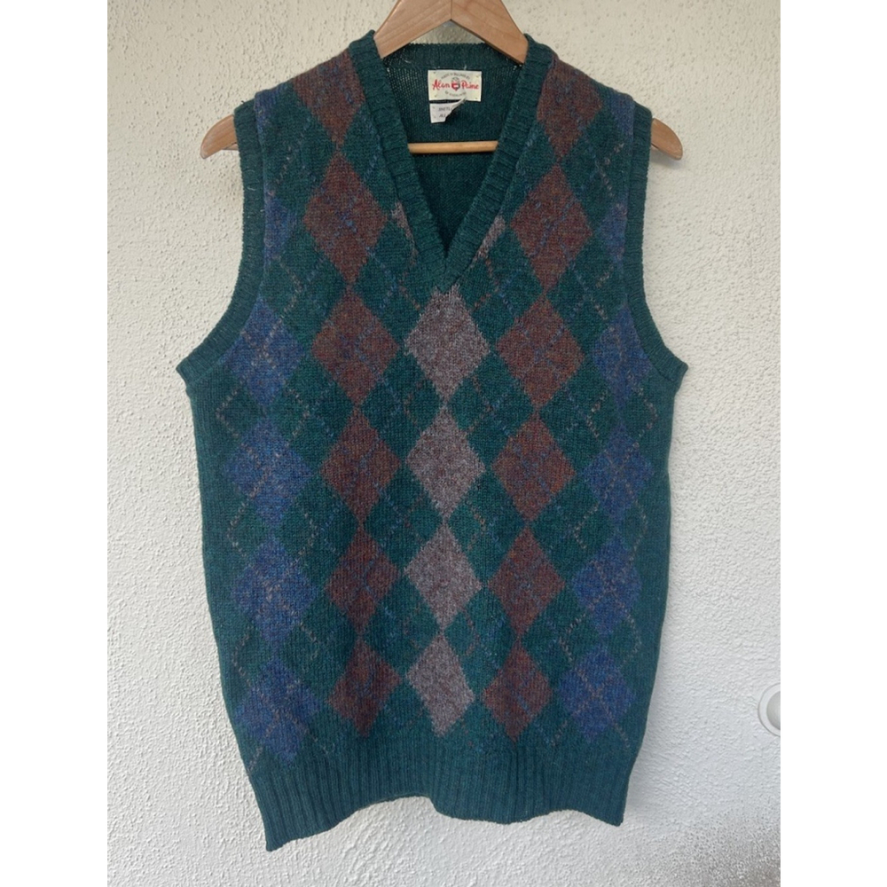 VTG Alan Paine Sweater Vest Diamond Argyle England V Neck Shetland Wool Grandpa